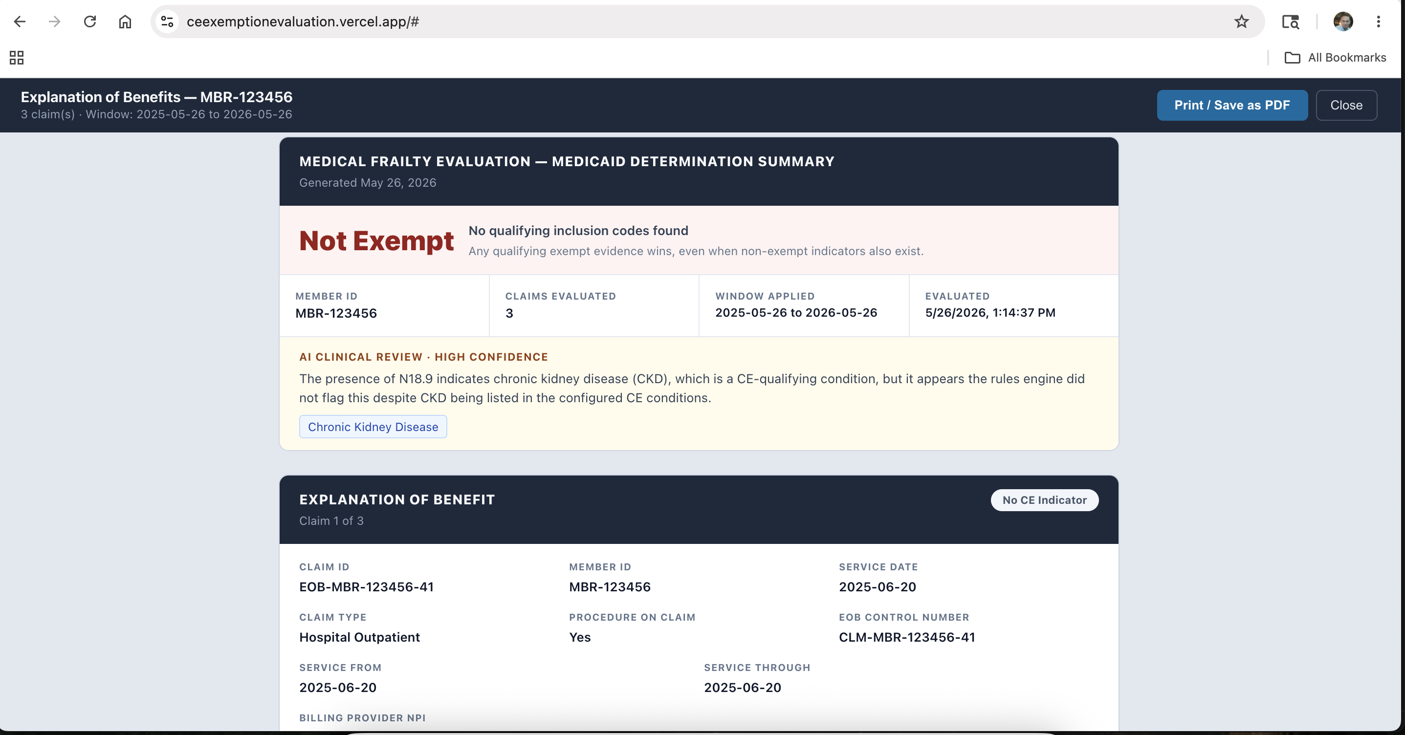 Explanation of benefits claim review with service dates, claim types, and diagnosis codes